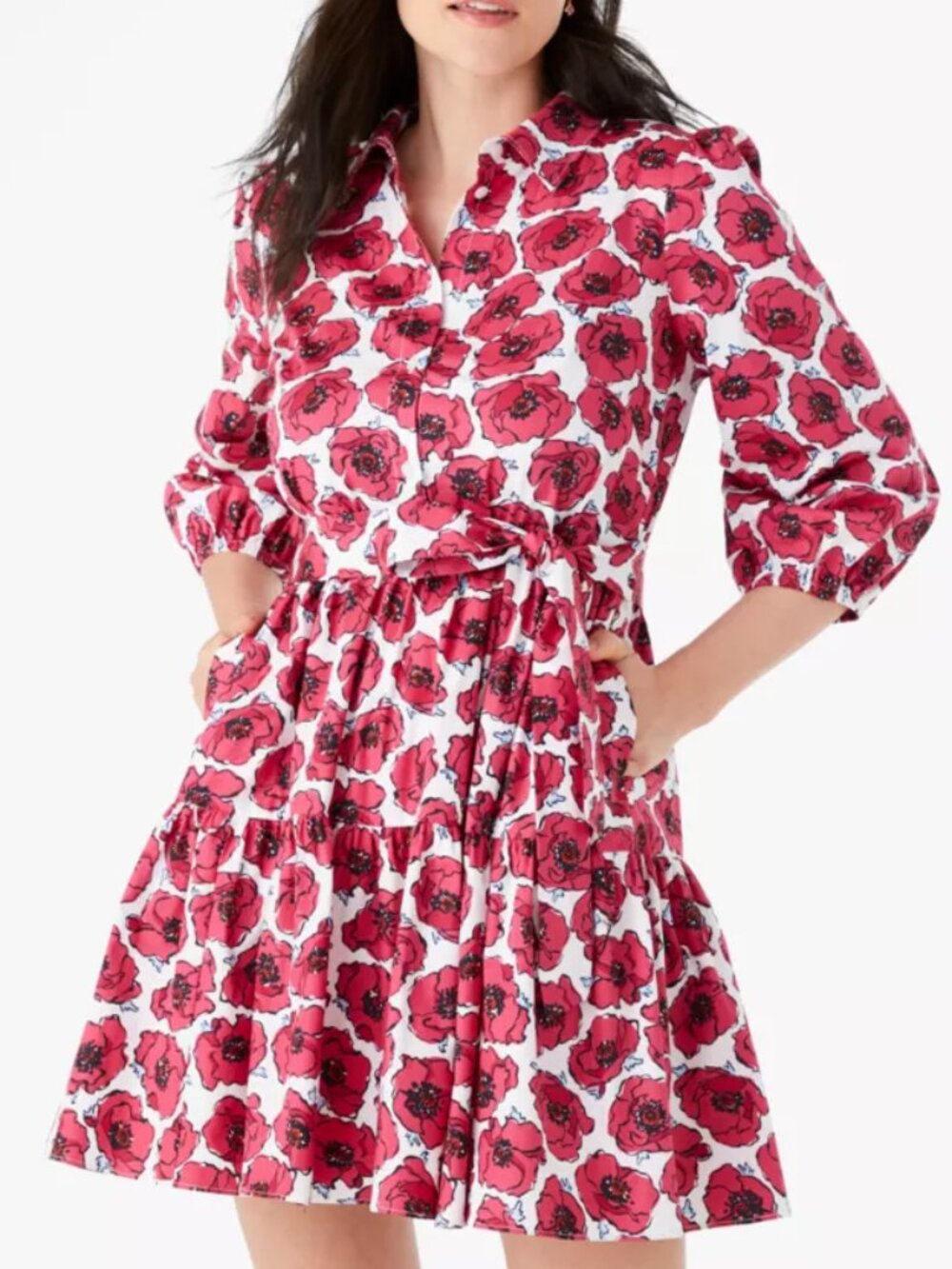 Kate Spade Womens XS Poppy Toss Shirt Dress kd668 Long Sleeve Belted pink Floral